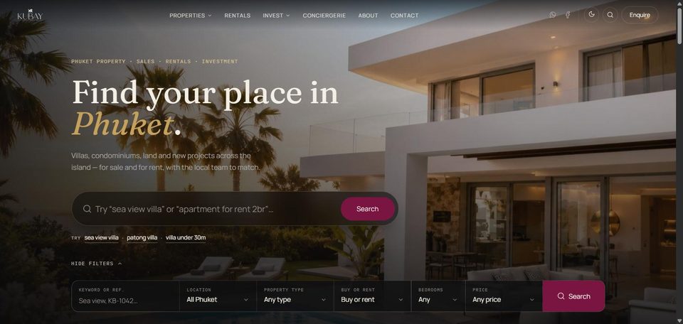 The KUBAY Real Estate site as it is today: a property search over a photograph of a villa.